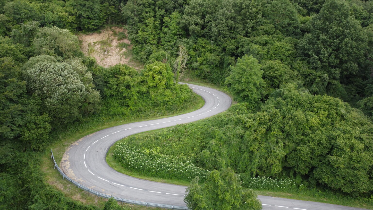 Corba de carretera envoltada de bosc a la Garrotxa
