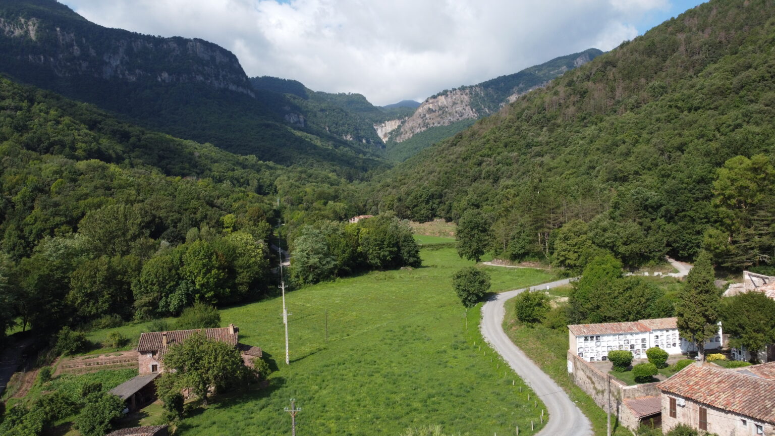 Corba de carretera envoltada de bosc a la Vall d'en Bas